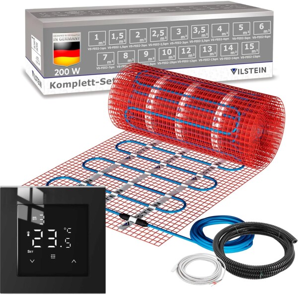 VILSTEIN Elektrische Fußbodenheizung 150W/m², (Größe wählbar 1-12m²) 50cm Breit Elektro Fußboden-Heizmatte für Fliesen-boden Fußboden-Heizsystem Elektrisch, Thermostat TWIN Technologie Komplett-Set