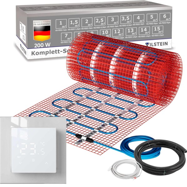VILSTEIN Elektrische Fußbodenheizung 200W/m², für Fliesen Laminat und mehr, Komplett-Set, Twin Technologie Heizsystem, Fußboden Heizmatte