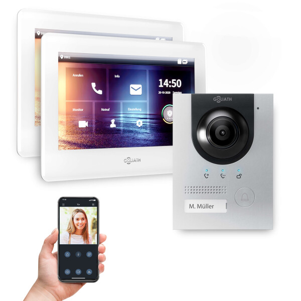 GOLIATH Hybrid IP Video Türsprechanlage | App | Silber | 1-Familien | 2x 7 Zoll | Unterputz | 180°