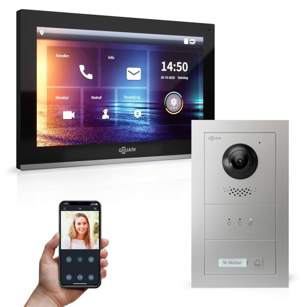 GOLIATH Hybrid IP Sprechanlage | App | 1 Familienhaus Set | 10 Zoll HD | Unterputz | 180° Kamera