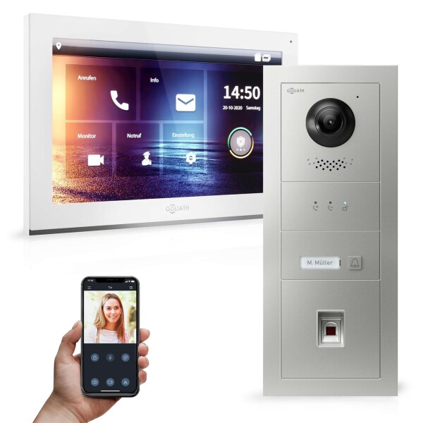 GOLIATH Hybrid IP Türsprechanlage | App | 1-Familie | 10 Zoll HD | Fingerprint | 180° | Unterputz