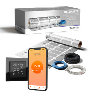 VILSTEIN Aluminium-Fußbodenheizung 150W/m² – Elektrische Heizmatte für Laminat, Parkett & Vinyl, selbstklebend, zuschneidbar, Touchscreen-Thermostat, Komplettset 1–15m²