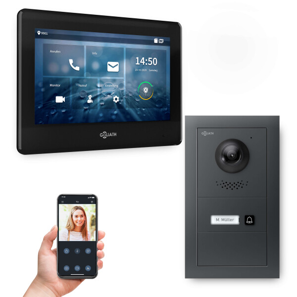 GOLIATH PRO 2-Draht BUS Videotürsprechanlage mit App | 1 Familie | 7 Zoll Schwarz| 180°
