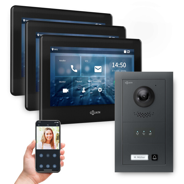 GOLIATH PRO 2-Draht BUS Videotürsprechanlage | Anthrazit | 1 Fam | 3x7 Zoll Schwarz | 180°
