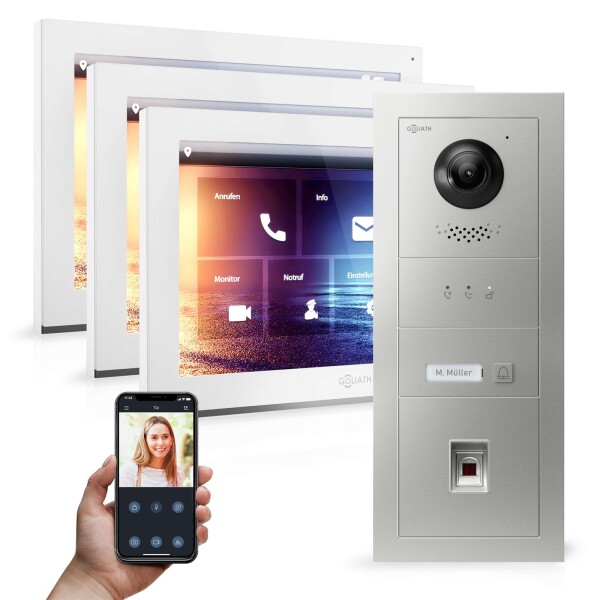 GOLIATH Hybrid IP Video Türsprechanlage | App | 1-Familie | 3x 10 Zoll HD | Fingerprint | 180°