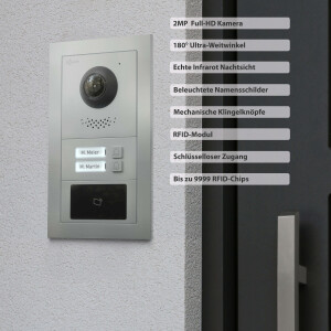 GOLIATH Hybrid 2-Draht BUS Türsprechanlage | App | 2 Familien | 2x7 Zoll Schwarz | RFID | 180°