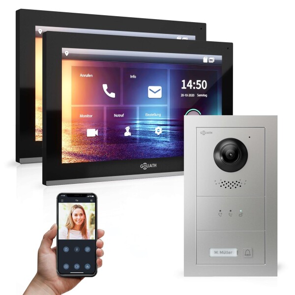 GOLIATH Hybrid IP Video Türsprechanlage | App | 1-Familienhaus Set | 2x 10 Zoll HD | 180° Kamera