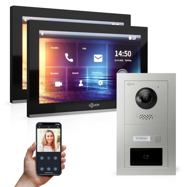 GOLIATH Hybrid IP Gegensprechanlage | App | 1-Familien | 2x 10 Zoll HD | RFID | Unterputz | 180 Grad