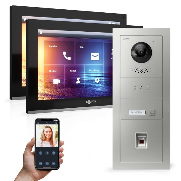 GOLIATH Hybrid IP Video Sprechanlage | App | 1-Familie | 2x 10 Zoll HD | Fingerprint | 180° Kamera
