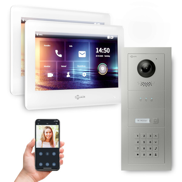 GOLIATH Hybrid 2-Draht BUS Türsprechanlage mit App | 1 Familie | 2x7 Zoll Weiß | Keypad | 180°