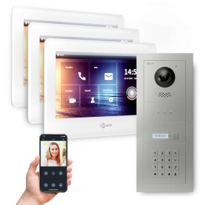 GOLIATH PRO 2-Draht BUS Videotürsprechanlage | App | 1 Fam. | 3x7 Zoll Weiß | Keypad | 180°