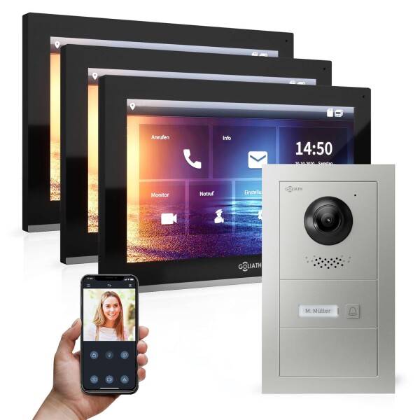 GOLIATH Hybrid IP Videotürsprechanlage | App | 1-Familie | 3x 10 Zoll HD | Unterputz | 180° Kamera