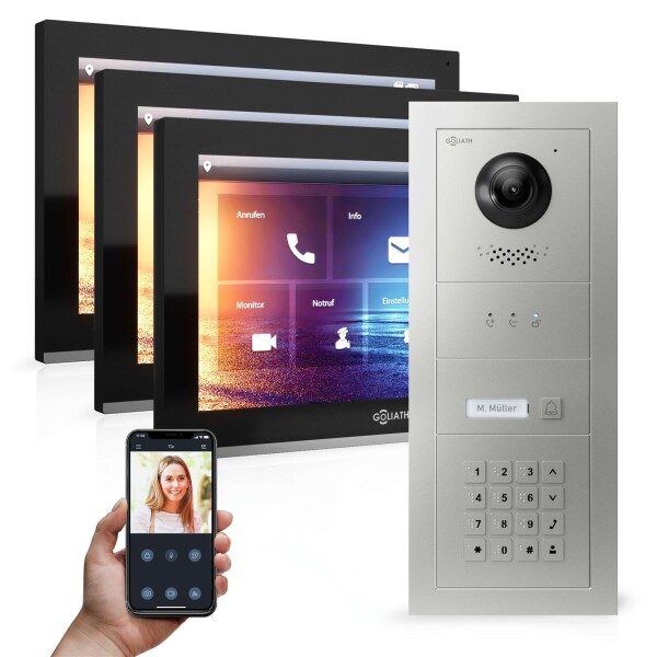 GOLIATH PRO IP Video Türsprechanlage | App | 1-Familie | 3x 10 Zoll HD | Keypad | 180° Kamera