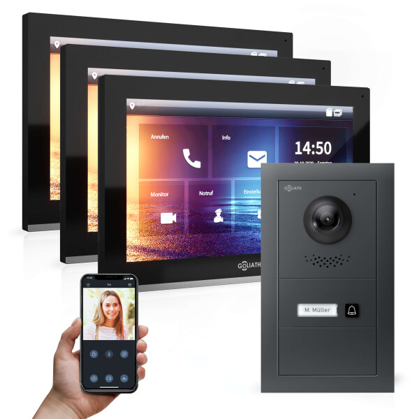 GOLIATH Hybrid IP Videotürsprechanlage | App | Anthrazit | 1-Familie | 3x 10" | Unterputz | 180°