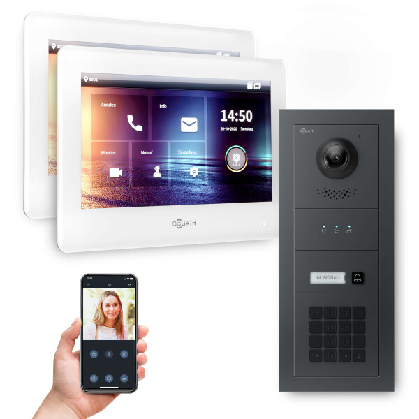 GOLIATH PRO 2-Draht BUS Türsprechanlage | Anthrazit | 1 Fam | 2x7 Zoll Weiß | Keypad | 180°