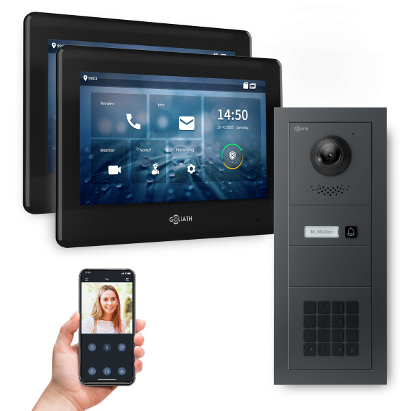 GOLIATH Hybrid 2-Draht BUS Videosprechanlage | Anthrazit | 1 Fam | 2x7 Zoll Schwarz | Keypad |180°