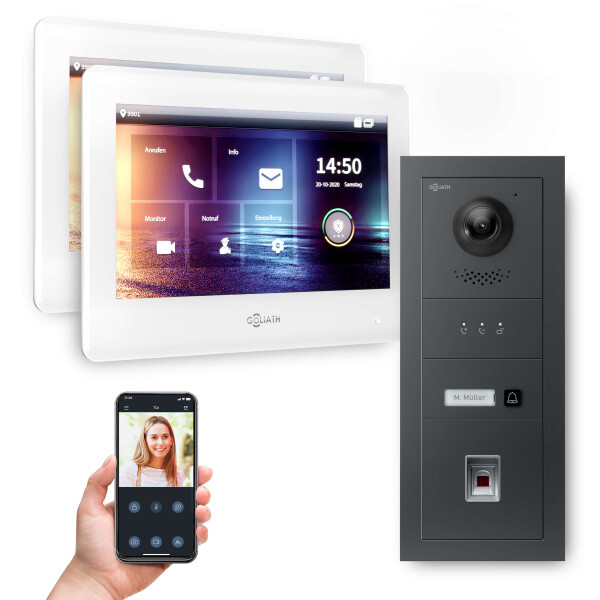 GOLIATH PRO 2-Draht BUS Video Türsprechanlage | Anthrazit | 1 Fam. | 2x7"Weiß | Fingerprint |180°