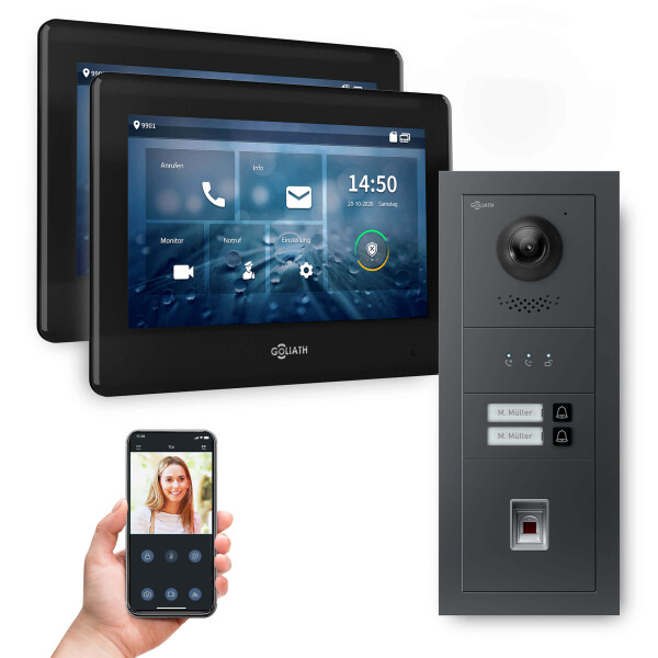 GOLIATH PRO 2-Draht BUS Türsprechanlage | Anthrazit | 2 Fam | Fingerprint | 2x7" Schwarz | 180°