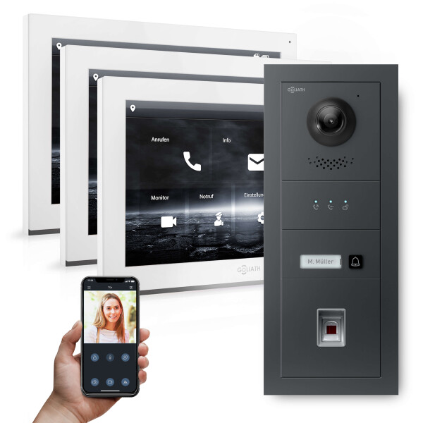 GOLIATH Hybrid IP Video Türsprechanlage | Anthrazit | 1-Fam | 3x 10" HD | Fingerprint | 180°